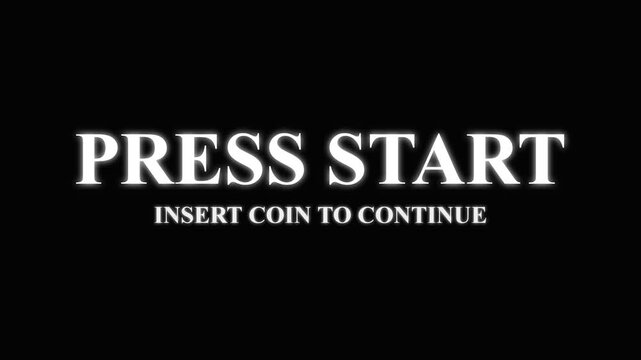 Press start arcade text with digital glitch distortion and VHS noise on black background