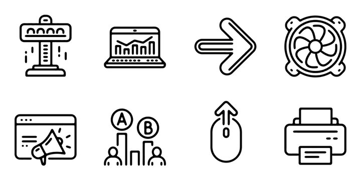 Technology and Marketing Line Icon Set Vector Illustration of Web Analytics, A/B Testing, Swipe Up, Printer and Computer Fan