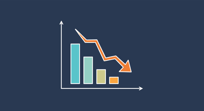 Economic downturn or loss visualization showing a declining bar chart with a downward-pointing arrow on blue background.