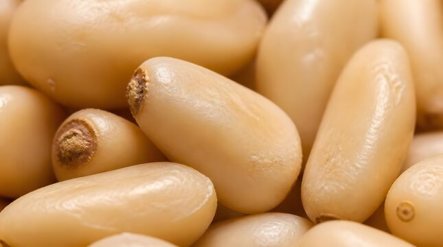 Extreme close up of raw shelled pine nuts heap.