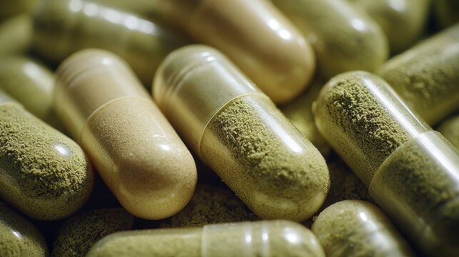 Extreme macro of transparent vegan capsules with pale green-beige powder, smooth surfaces, subtle highlights, soft lighting, warm neutral tones, luxurious minimal skincare aesthetic