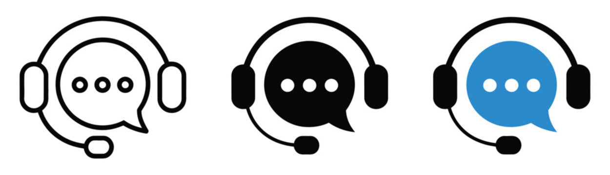 Customer service and support icon collection with headset, speech bubble, and operator symbols for contact centers, live chat, and help desk design.