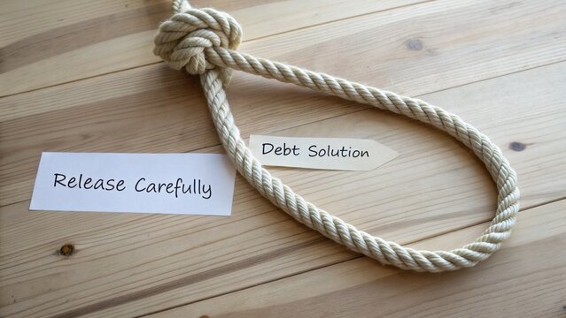 A symbolic image of a noose tied with thick rope on a wooden surface representing the concept of debt solution and careful release of financial pressure
