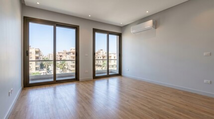 Fototapeta premium Modern empty home office with wooden floor large windows and city view interior design concept
