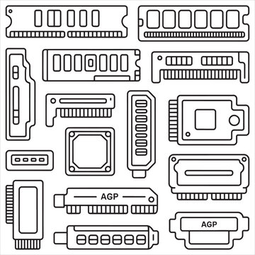 Assorted computer expansion card slots and connectors illustrated