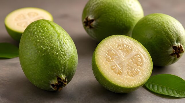 Fresh green feijoa fruits whole and halved on rustic background.