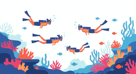 Scuba Divers Exploring Coral Reef with Small Fish, Underwater Adventure © Tid