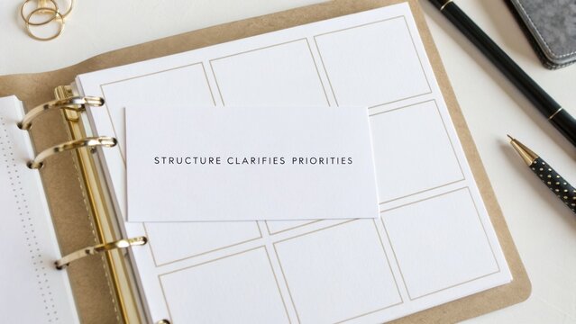 Blank planner page with motivational quote about structure clarifying priorities, elegant stationery setup, organized workspace for planning and productivity