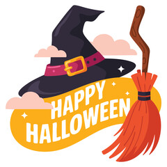 Happy Halloween card with witch hat and broom in vector style. Perfect for spooky greetings, festive party invitations and seasonal celebration graphic designs. © Nass Studio