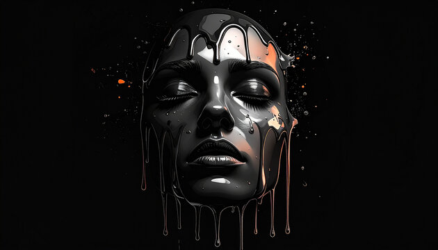 Melting face sculpture with dripping black paint and orange highlights