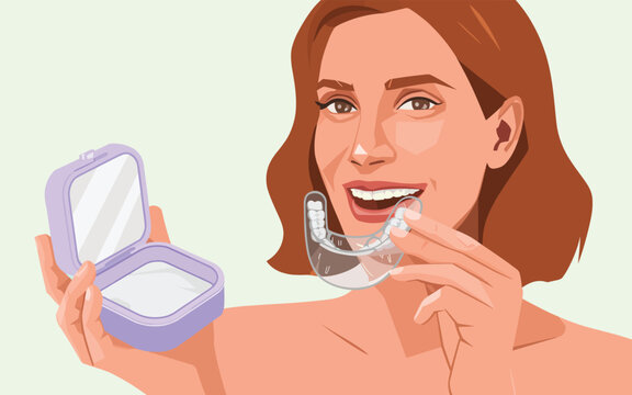 Woman holding clear aligner and case smiling indoors up close