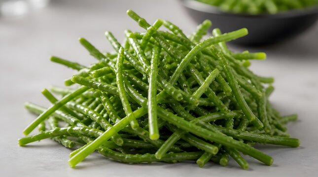 Fresh green samphire sea beans piled on a grey surface.