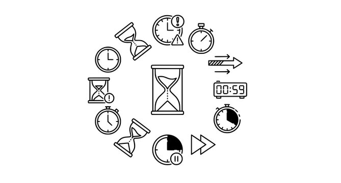 Modern hourglass line icons with editable time and countdown vector design