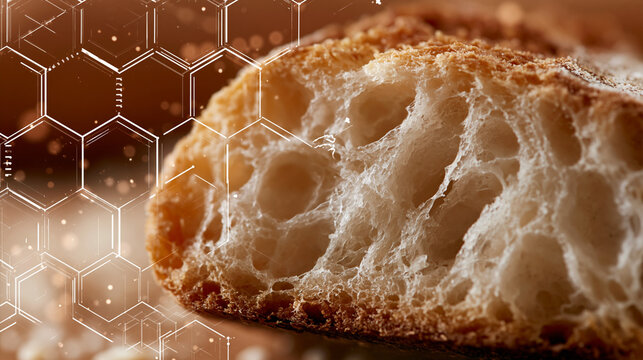 Bread crust macro with Maillard reaction molecule lines for organic chemistry food science baking concept