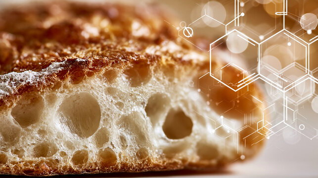 Bread crust macro with Maillard reaction molecule lines for organic chemistry food science baking concept