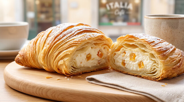 A flaky, golden sfogliatella pastry cut in half to reveal a rich ricotta and candied orange peel filling, served on a wooden board at an outdoor Italian cafe.