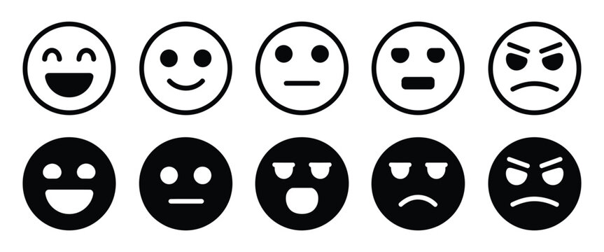 Emoticon faces set with happy, neutral, sad, and angry expressions in outline style for user reviews, feedback forms, and rating interfaces.