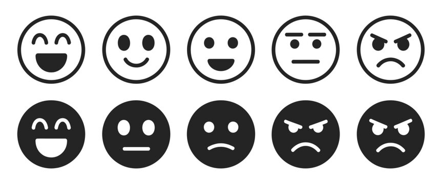 Emoticon face icon set featuring happy, neutral, sad, and angry expressions in outline style for user feedback, ratings, and mood evaluation systems.