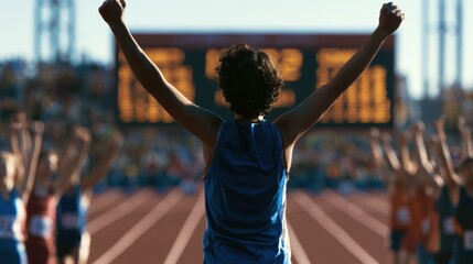 Fototapeta premium Rear view of a Hispanic teenage runner with arms raised in triumph on a track field with other athletes in the background
