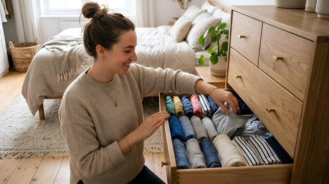 Woman smiling organizing clothes in wooden dresser drawer