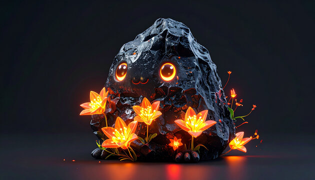 Glowing rock with fantasy flowers and eyes