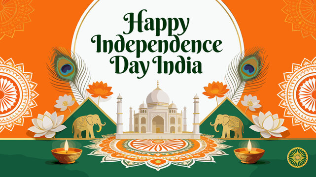 Vibrant Indian Independence Day celebration featuring the Taj Mahal, elephants, peacock feathers, lotus flowers, and diyas, set against a tricolor background.