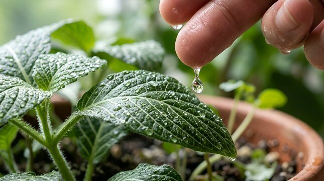 Watering plant close up, droplets of water falling on leaf