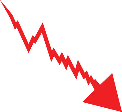 Red jagged arrow pointing down showing financial loss or economic decline