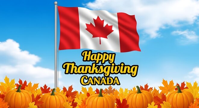 Happy thanksgiving canada celebrating canadian thanksgiving with pumpkins and maple leaf flag