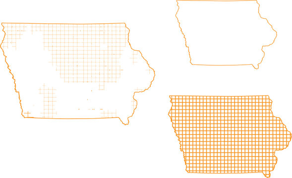 Set of iowa state maps with outline and grid patterns for graphic design and geography projects