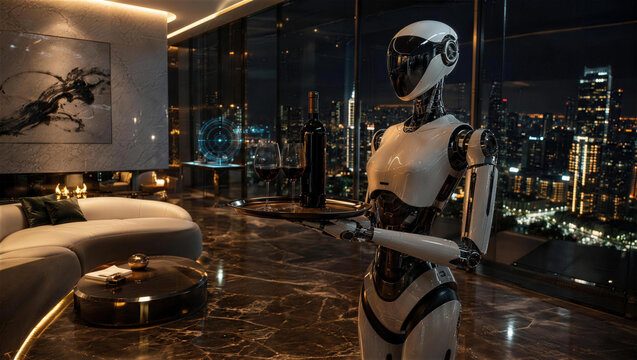 Robot Waiter in Luxury Apartment: A sleek, modern robot butler serves drinks in a high-end apartment with a panoramic city view at night. This scene blends advanced technology with opulent living.