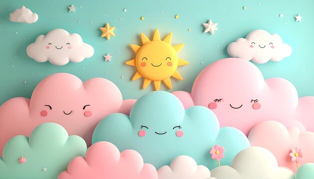 Cheerful cartoon sky scene with smiling clouds and sun, stars and tiny flowers on mint background