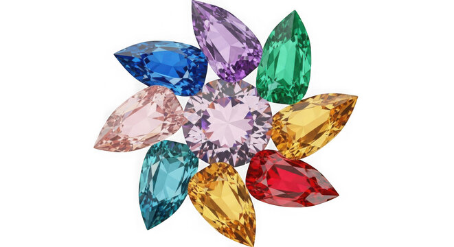 A vibrant and colorful geometric flower arrangement with gemstone-like petals. isolated on transparent background