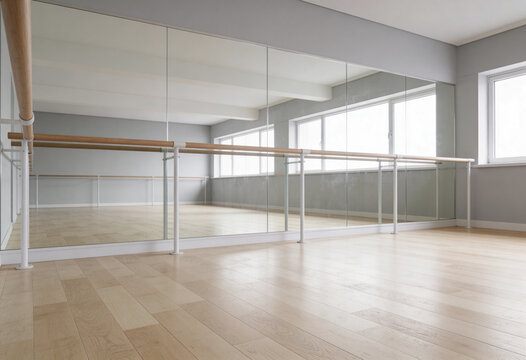 Bright minimalist barre and dance studio background. Empty fitness gym with wooden floor, full length mirrors, ballet barre, and natural light. Wellness, stretching, yoga, pilates, room interior.