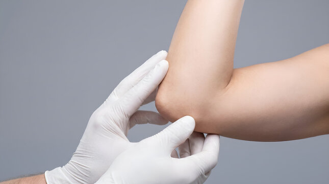 Doctor in white latex gloves examining patient elbow during physical or orthopaedic checkup