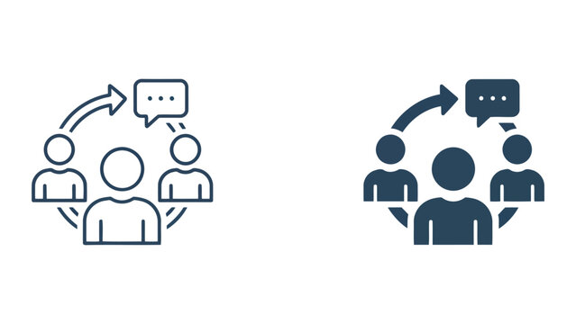 Team communication and feedback loop icon showing group members with speech bubble and circular arrow vector
