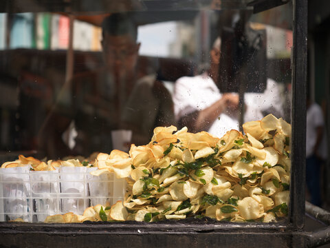 Street Vendor Selling Fresh Potato Chips at Busy Colombo Street Market