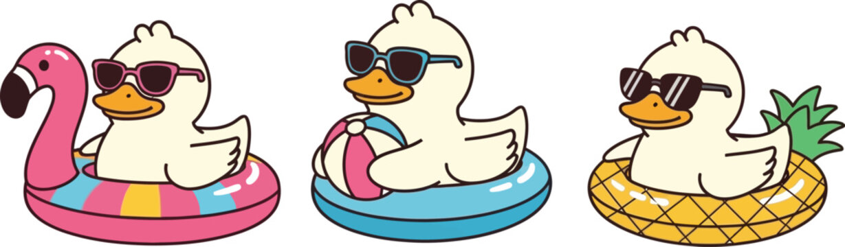 Cartoon ducks on inflatable rings, wearing sunglasses, swimming floats