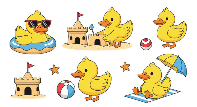 Cartoon yellow ducks at the beach, with sandcastles, beach balls, and umbrellas
