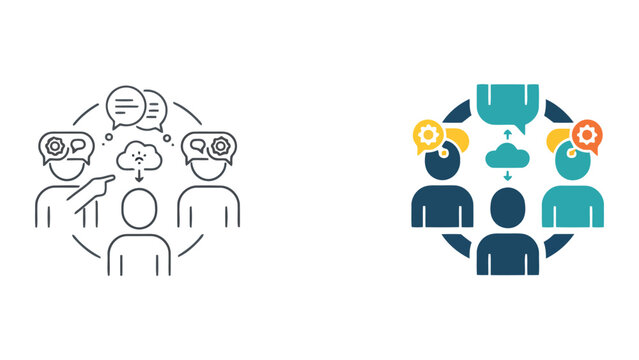 Team knowledge sharing and cloud collaboration icon showing people with speech bubbles and gears vector
