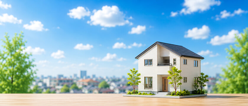 青空を背景にした住宅模型とマイホームのイメージ