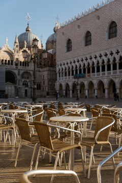 Sunrise Over an Empty Piazza San Marco with Caf&eacute; Seating