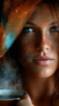Elegant beautiful woman holding a steaming cup of coffee with rising steam visualized as glowing abstract bioluminescent golden waves and light particles.