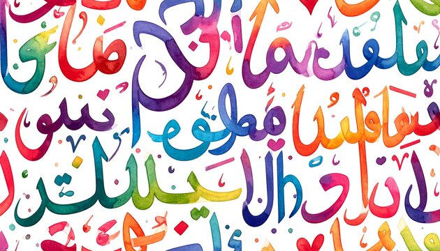 A colorful abstract artwork featuring intricate, swirling patterns of Arabic calligraphy in various bright hues