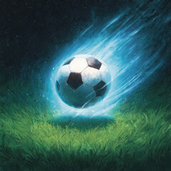 Fototapeta premium Dynamic soccer ball illustration with glowing energy trails on a grassy field