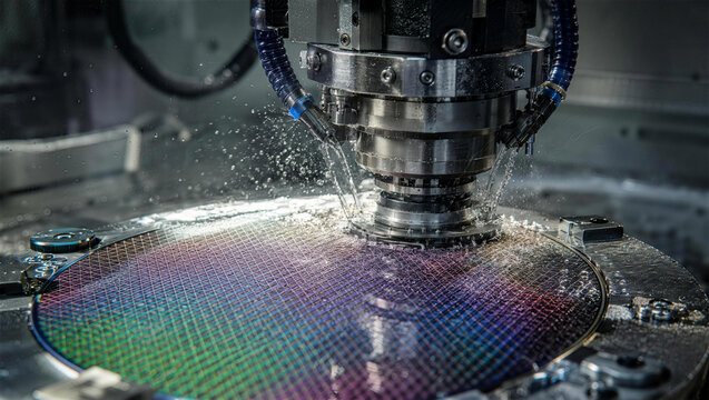 Precision Engineering: A silicon wafer undergoes a high-precision manufacturing process, with water spray cooling the intricate circuitry under a powerful industrial machine.