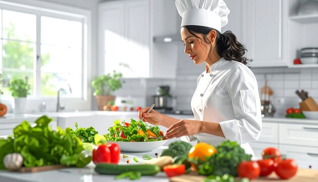 Chef preparing salad in a bright, white kitchen, surrounded by fresh vegetables on the counter