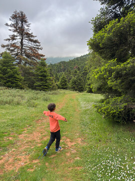 Kid running on forest path embracing nature adventure
