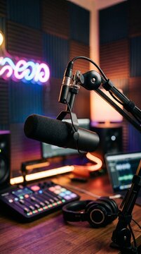 Close up of a professional microphone in a podcast studio setting with warm neon background lighting.