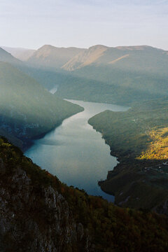 Drina River canyon at sunset from mountain viewpoint